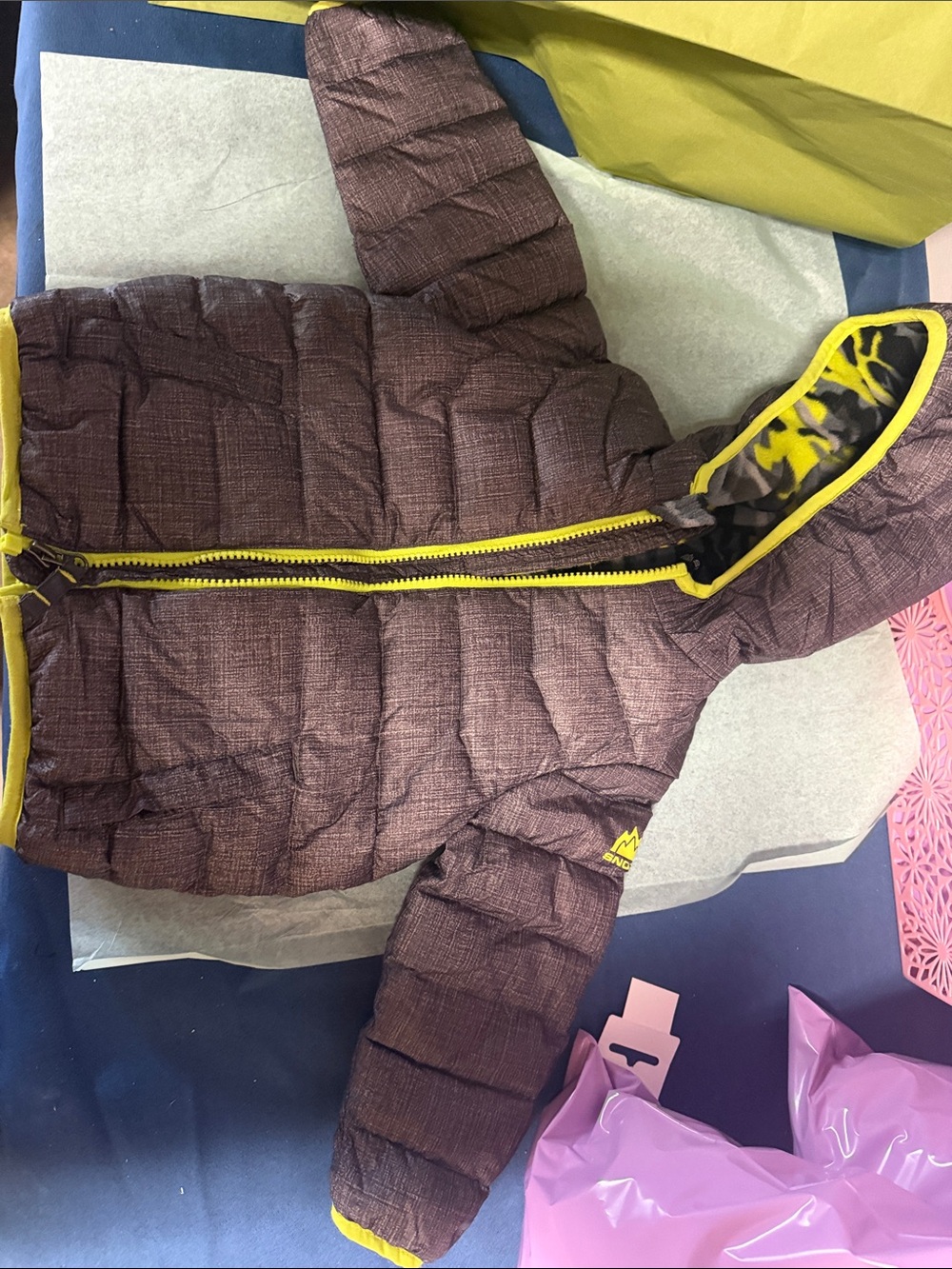 Kids Brown Puffer Jacket with Yellow Trim